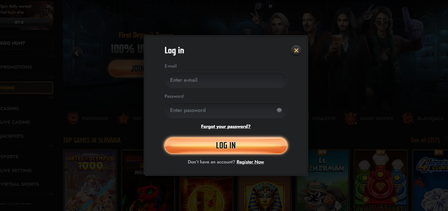 Online casino login popup with secure email and password fields, fast account access, and registration option over a dark gaming background.
