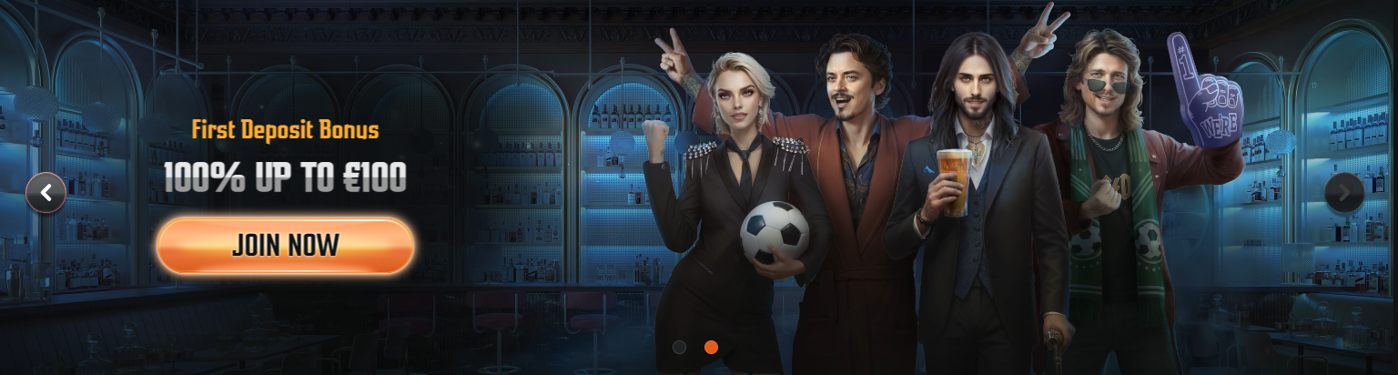 Online casino banner promoting a first deposit bonus of 100% up to €100, featuring sports-themed characters and a “Join Now” call-to-action.