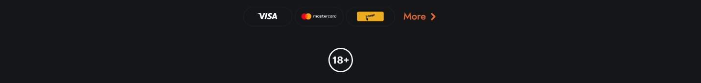 Casino footer with Visa, Mastercard, and Jeton payment options, a “More” link, and an 18+ age restriction badge on a dark background.